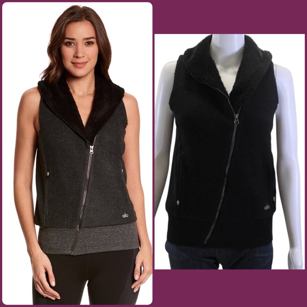 Alo Yoga Flat Iron Moto Sherpa Vest Charcoal/Black Asymmetrical Zip Cozy Small